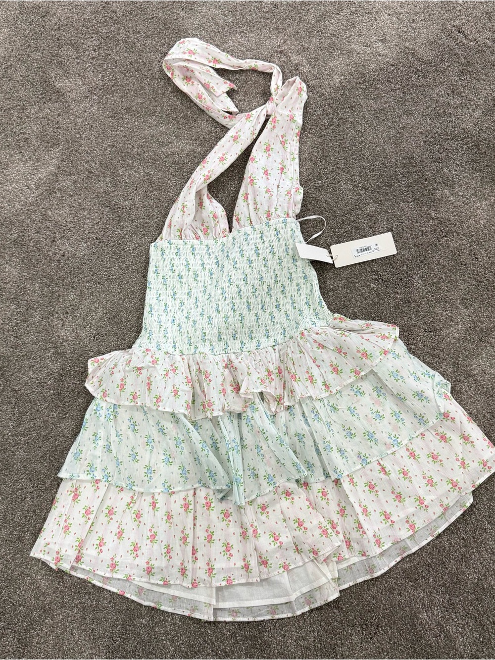 Altar'd State White Floral Tiered Mini Dress with Pink & Blue Flowers